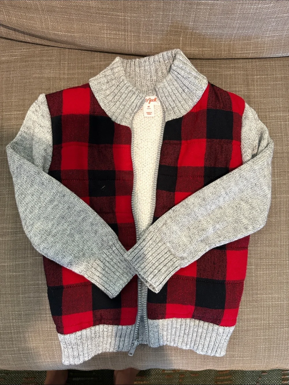 Cat & Jack Red and Black Buffalo Plaid Knit Sleeve Zip Jacket